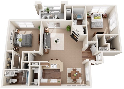 Floor plan for 2 beds, 2.5 baths, 1058 sqft